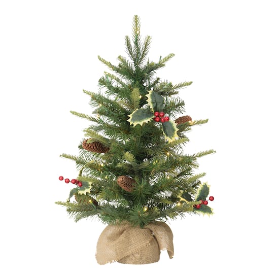 2ft. Pre-Lit Artificial Christmas Tree with Pine Cones in Burlap Sack, Warm White LED Lights